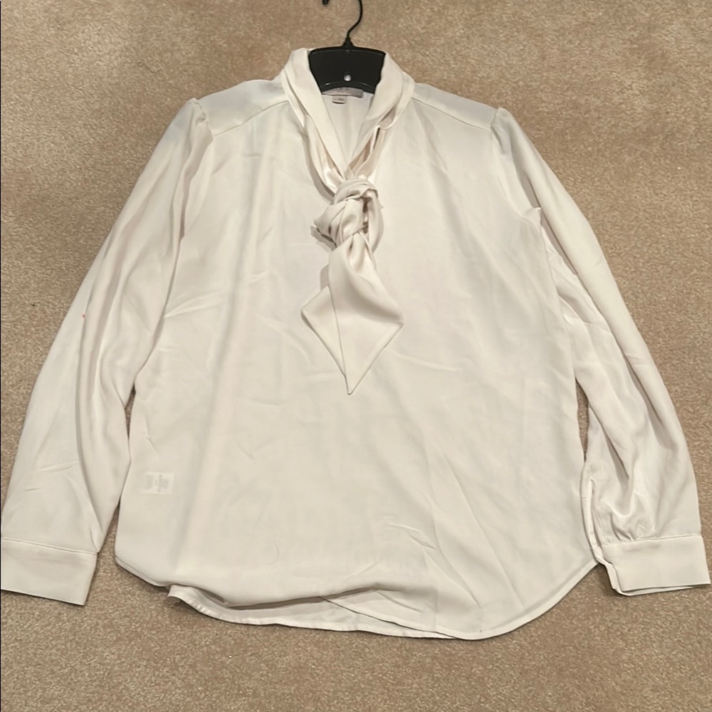 LOFT White Long Sleeve Blouse with V-Neck and Tie Detail